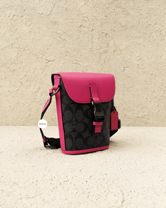 Track Small Flap Crossbody In Signature Canvas Charcoal Bold Pink