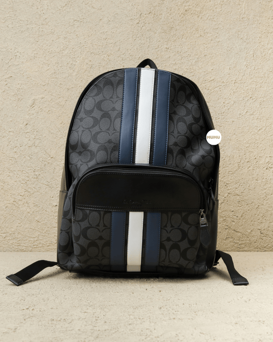 Houston Backpack In Signature Canvas With Varsity Stripe Black Denim