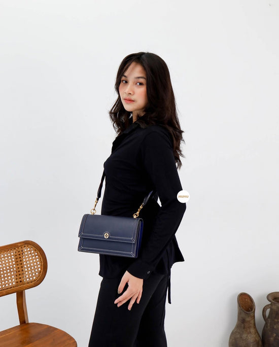 T Monogram Leather Mini Shoulder Bag Navy