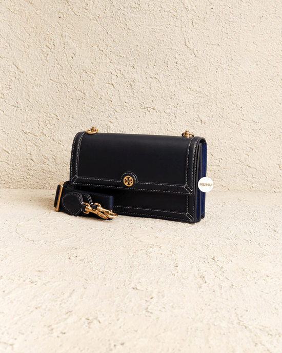 T Monogram Leather Mini Shoulder Bag Navy