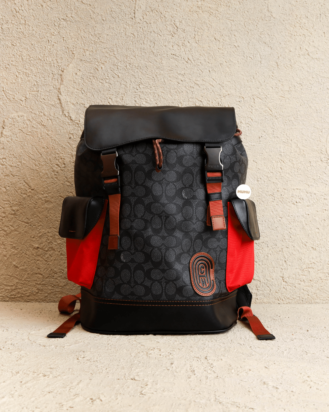 Rivington Backpack In Colorblock Signature Canvas With Coach Patch Charcoal Red Multi